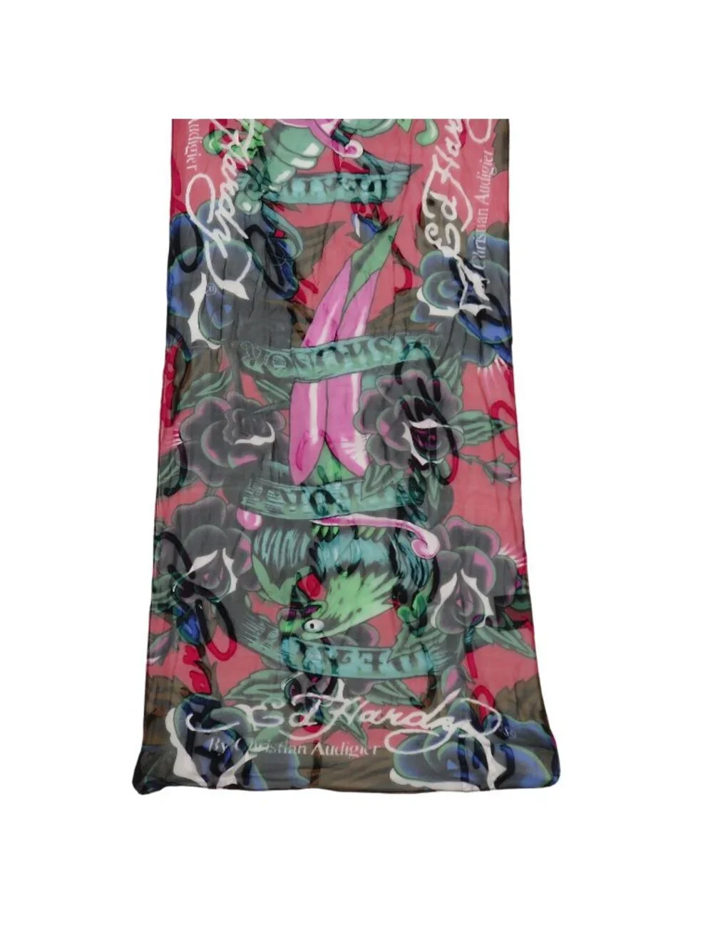 Ed Hardy All Silk Red Green Black Rectangle Scarf Graphic Tattoo Roses Eagle Y2K